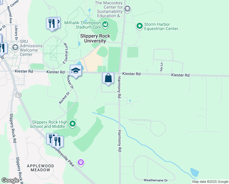 map of restaurants, bars, coffee shops, grocery stores, and more near 807 Cameron Drive in Slippery Rock