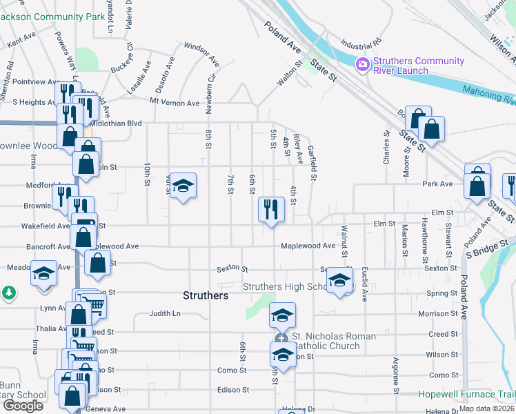 map of restaurants, bars, coffee shops, grocery stores, and more near 545 5th Street in Struthers