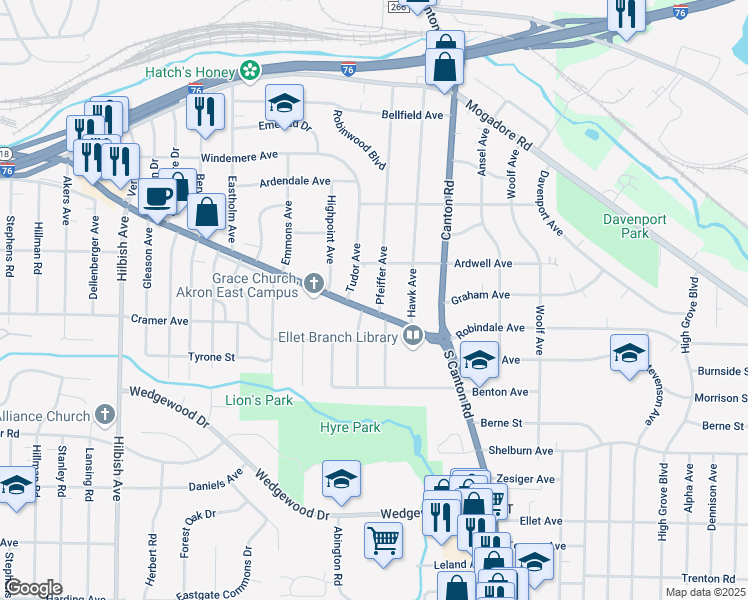 map of restaurants, bars, coffee shops, grocery stores, and more near 2415 East Market Street in Akron