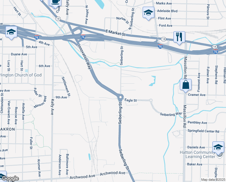 map of restaurants, bars, coffee shops, grocery stores, and more near Innovation Way in Akron
