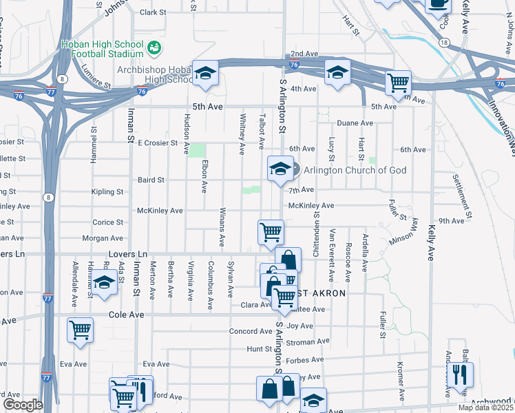 map of restaurants, bars, coffee shops, grocery stores, and more near 581 Talbot Avenue in Akron