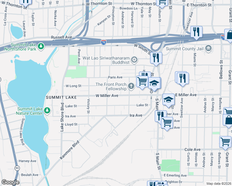 map of restaurants, bars, coffee shops, grocery stores, and more near 135 West Miller Avenue in Akron