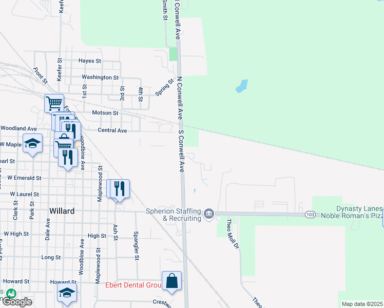 map of restaurants, bars, coffee shops, grocery stores, and more near 611 Wessor Avenue in Willard