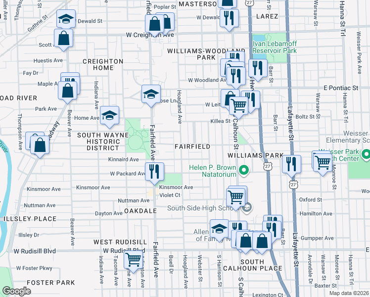 map of restaurants, bars, coffee shops, grocery stores, and more near 337 West Wildwood Avenue in Fort Wayne