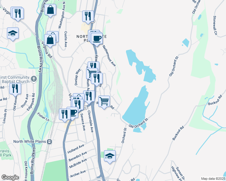 map of restaurants, bars, coffee shops, grocery stores, and more near 21 Grove Road in White Plains