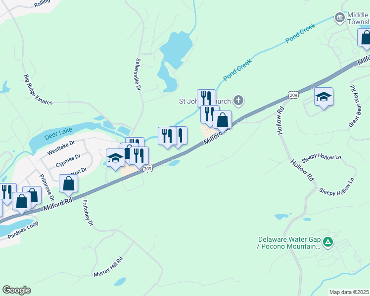 map of restaurants, bars, coffee shops, grocery stores, and more near 5147 Milford Road in East Stroudsburg