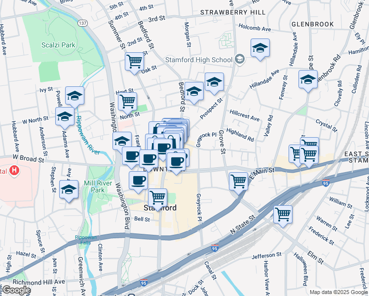 map of restaurants, bars, coffee shops, grocery stores, and more near 255 Prospect Street in Stamford