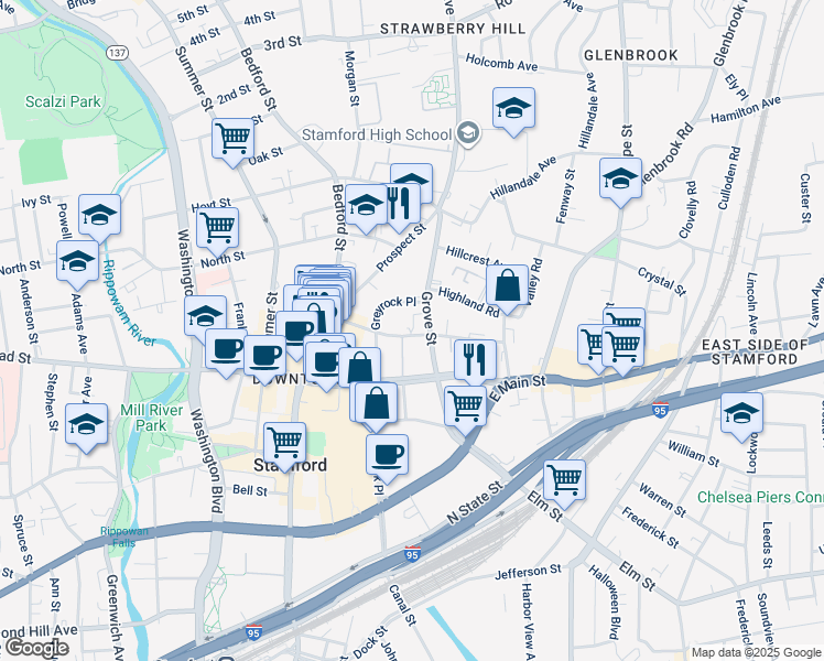 map of restaurants, bars, coffee shops, grocery stores, and more near 70 Forest Street in Stamford