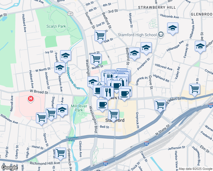 map of restaurants, bars, coffee shops, grocery stores, and more near 460 Summer Street in Stamford