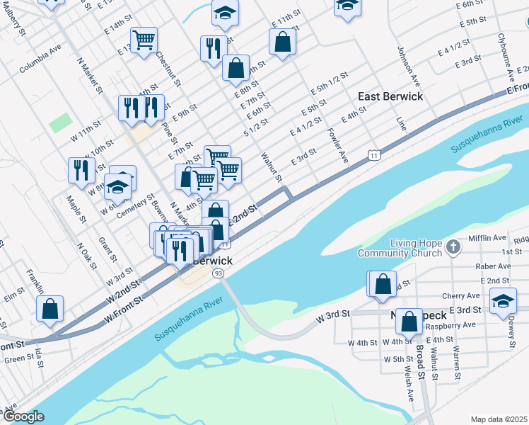 map of restaurants, bars, coffee shops, grocery stores, and more near 301 East Front Street in Berwick