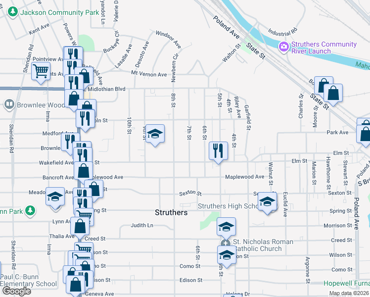 map of restaurants, bars, coffee shops, grocery stores, and more near 551 7th Street in Struthers