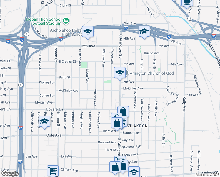 map of restaurants, bars, coffee shops, grocery stores, and more near 581 Talbot Avenue in Akron