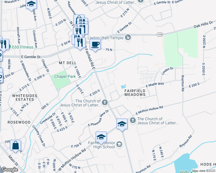 map of restaurants, bars, coffee shops, grocery stores, and more near 1284 Mary Lane in Layton