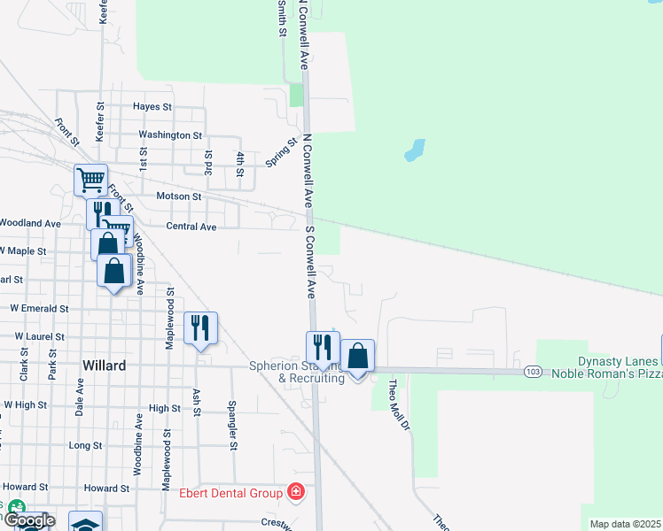 map of restaurants, bars, coffee shops, grocery stores, and more near 611 Wessor Avenue in Willard