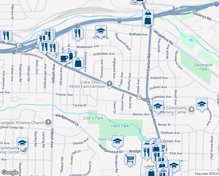 map of restaurants, bars, coffee shops, grocery stores, and more near 2330 East Market Street in Akron