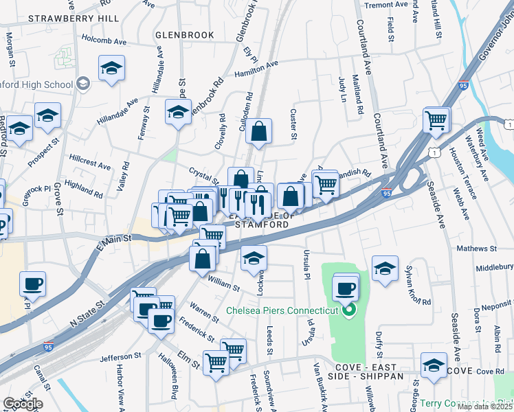 map of restaurants, bars, coffee shops, grocery stores, and more near 956 East Main Street in Stamford