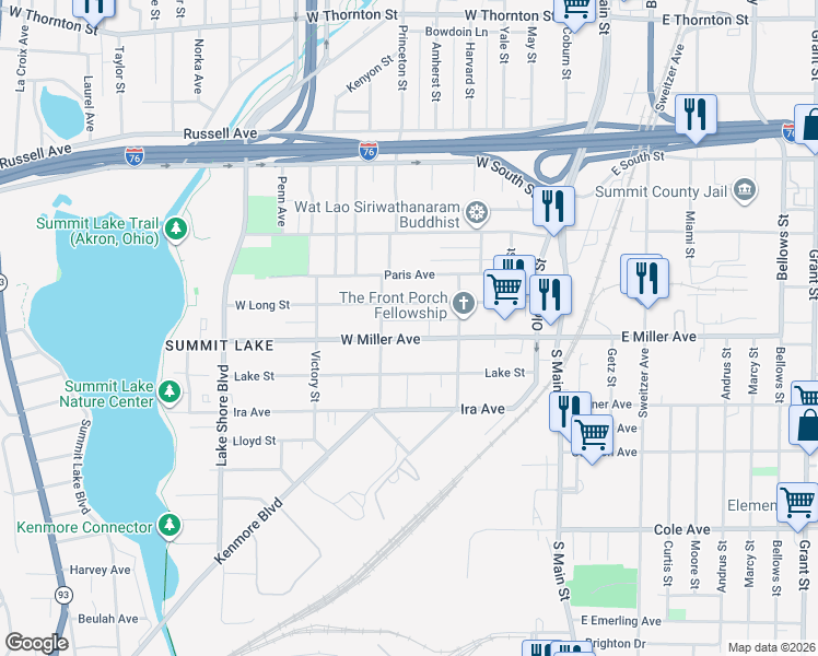 map of restaurants, bars, coffee shops, grocery stores, and more near 135 West Miller Avenue in Akron