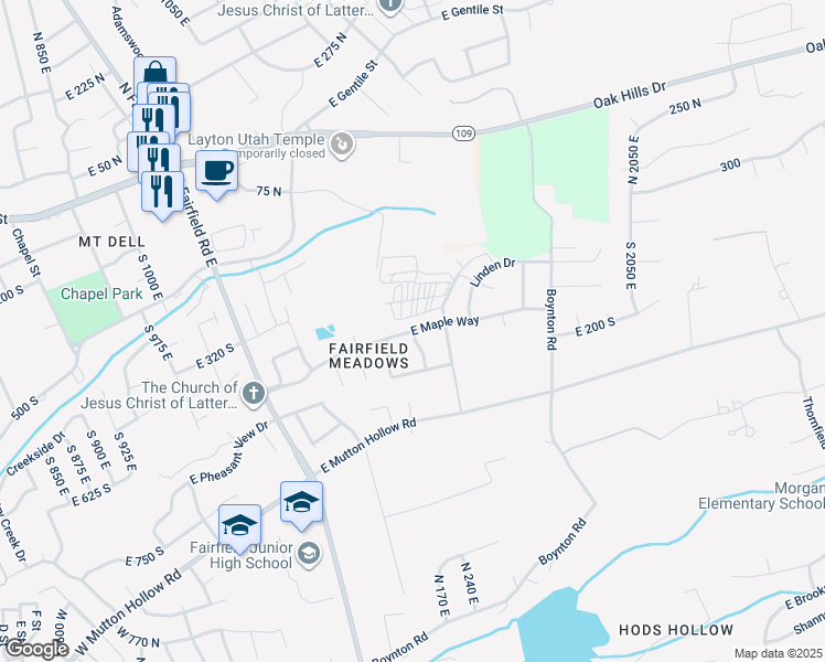 map of restaurants, bars, coffee shops, grocery stores, and more near East Maple Way in Layton