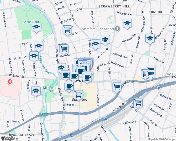 map of restaurants, bars, coffee shops, grocery stores, and more near 255 Prospect Street in Stamford