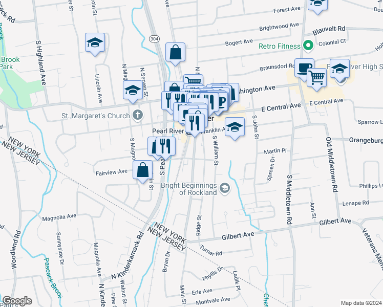 map of restaurants, bars, coffee shops, grocery stores, and more near 65 South Main Street in Pearl River