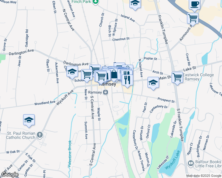 map of restaurants, bars, coffee shops, grocery stores, and more near 15 Mechanic Street in Ramsey