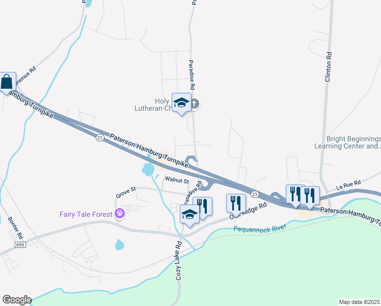 map of restaurants, bars, coffee shops, grocery stores, and more near 74 Paradise Road in West Milford