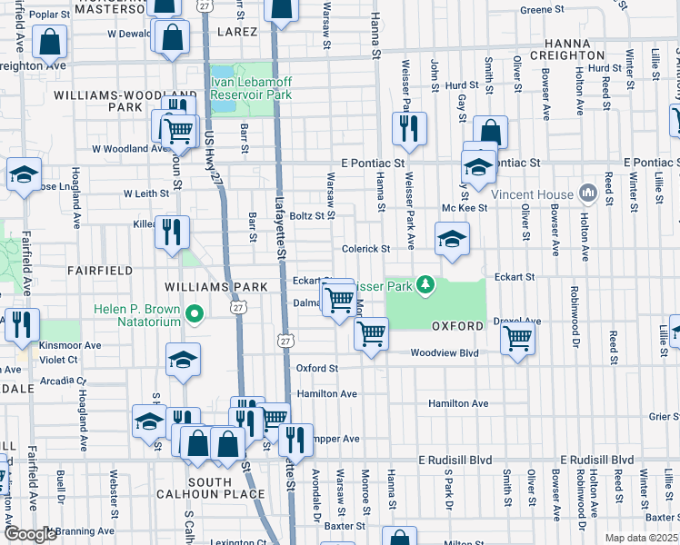 map of restaurants, bars, coffee shops, grocery stores, and more near 3029 Warsaw Street in Fort Wayne