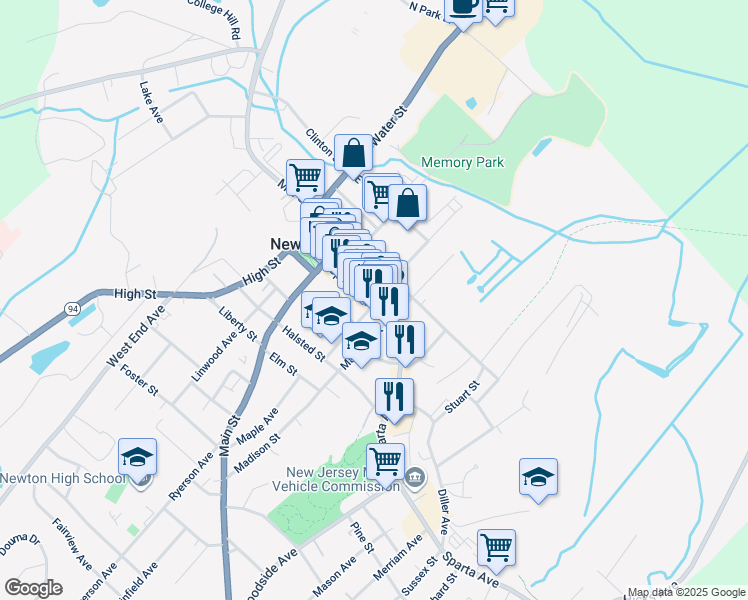 map of restaurants, bars, coffee shops, grocery stores, and more near 203 Spring Street in Newton