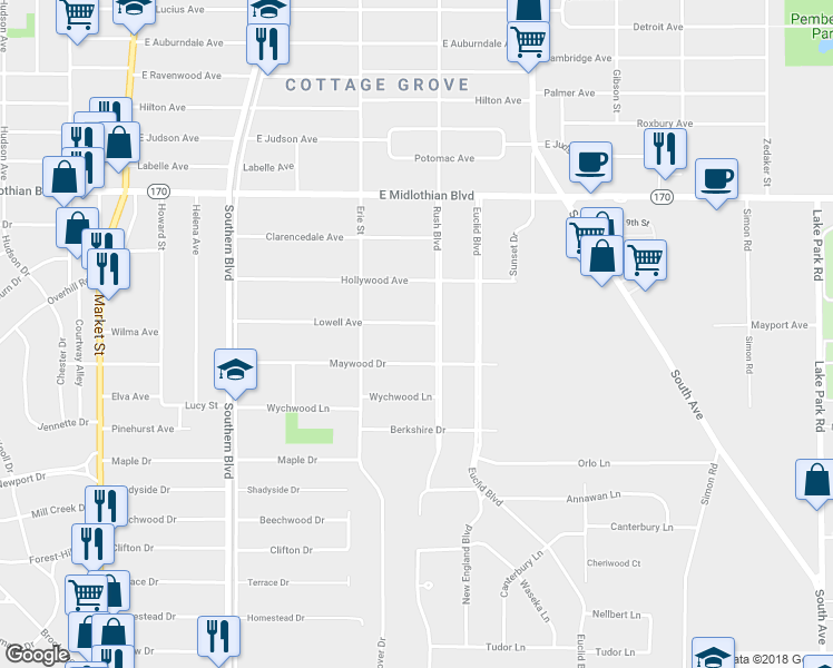 map of restaurants, bars, coffee shops, grocery stores, and more near 257 Lowell Avenue in Youngstown