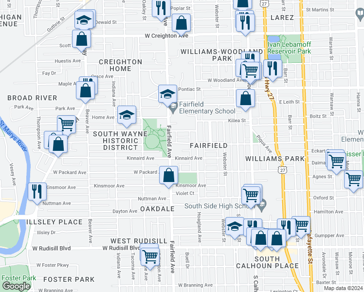 map of restaurants, bars, coffee shops, grocery stores, and more near 435 West Wildwood Avenue in Fort Wayne