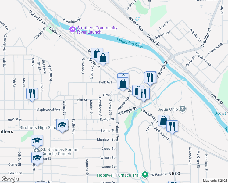map of restaurants, bars, coffee shops, grocery stores, and more near 26 Elm Street in Struthers