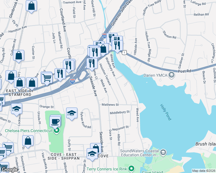 map of restaurants, bars, coffee shops, grocery stores, and more near 65 Webb Avenue in Stamford