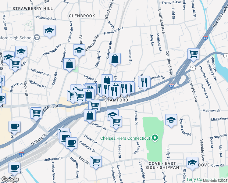 map of restaurants, bars, coffee shops, grocery stores, and more near 956 East Main Street in Stamford