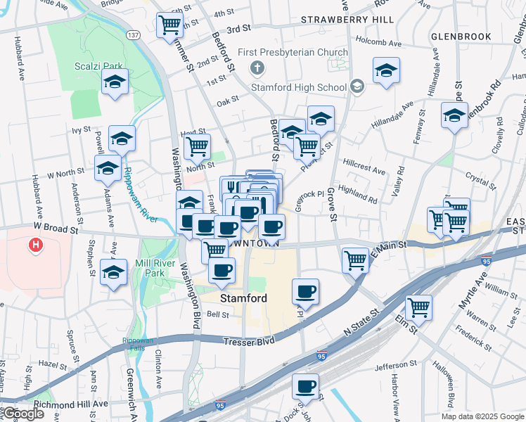 map of restaurants, bars, coffee shops, grocery stores, and more near 154 Bedford Street in Stamford