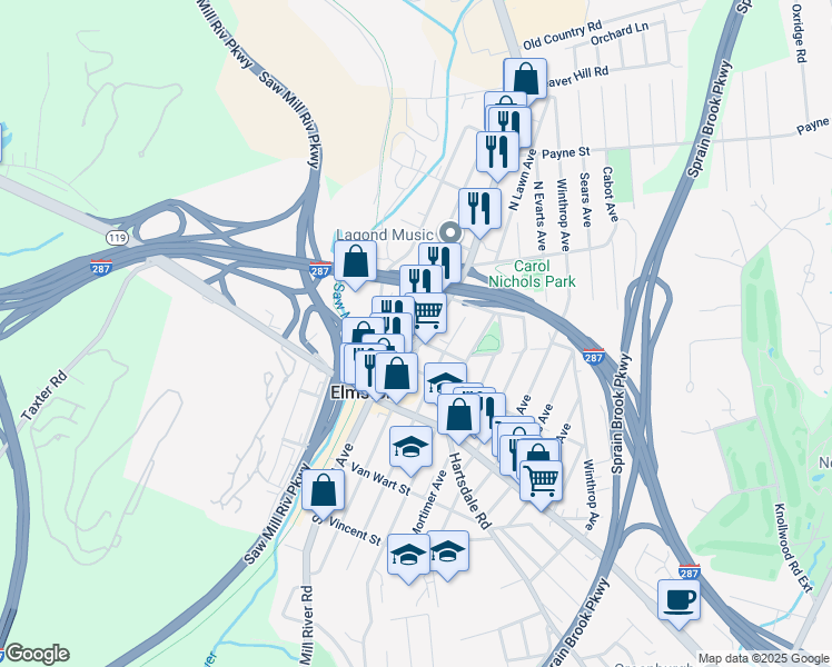 map of restaurants, bars, coffee shops, grocery stores, and more near 50 North Stone Avenue in Elmsford