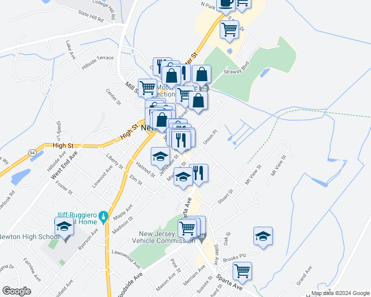 map of restaurants, bars, coffee shops, grocery stores, and more near 5 Union Place in Newton
