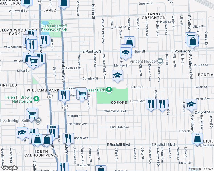 map of restaurants, bars, coffee shops, grocery stores, and more near 3025 Weisser Park Avenue in Fort Wayne