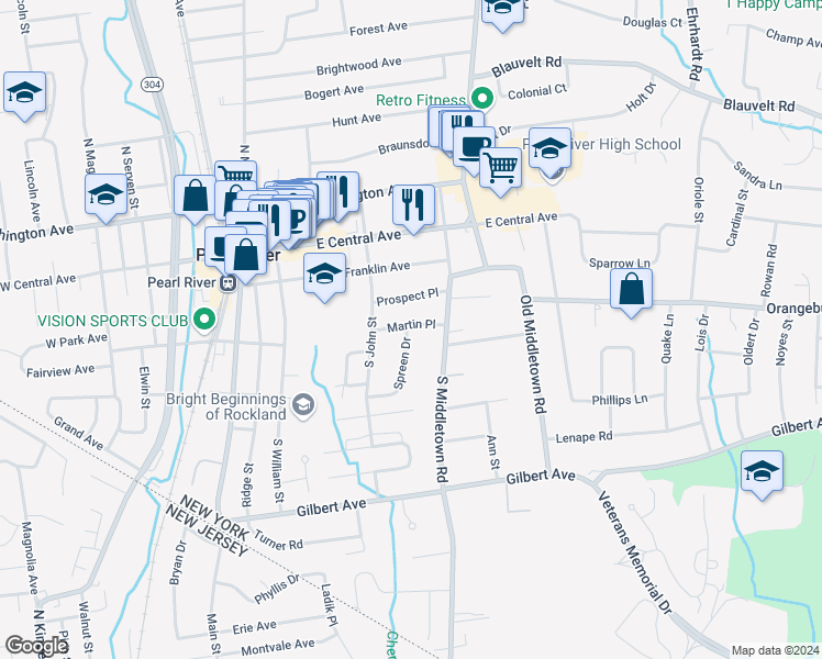 map of restaurants, bars, coffee shops, grocery stores, and more near 148 Martin Place in Pearl River