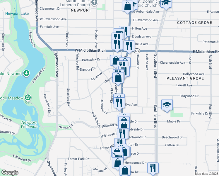 map of restaurants, bars, coffee shops, grocery stores, and more near 4245 Chester Drive in Youngstown