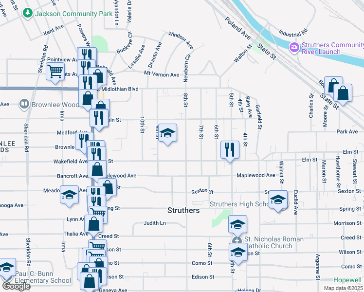 map of restaurants, bars, coffee shops, grocery stores, and more near 533 8th Street in Struthers