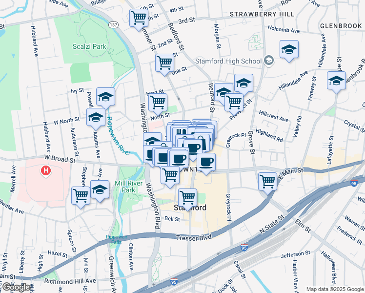 map of restaurants, bars, coffee shops, grocery stores, and more near 460 Summer Street in Stamford