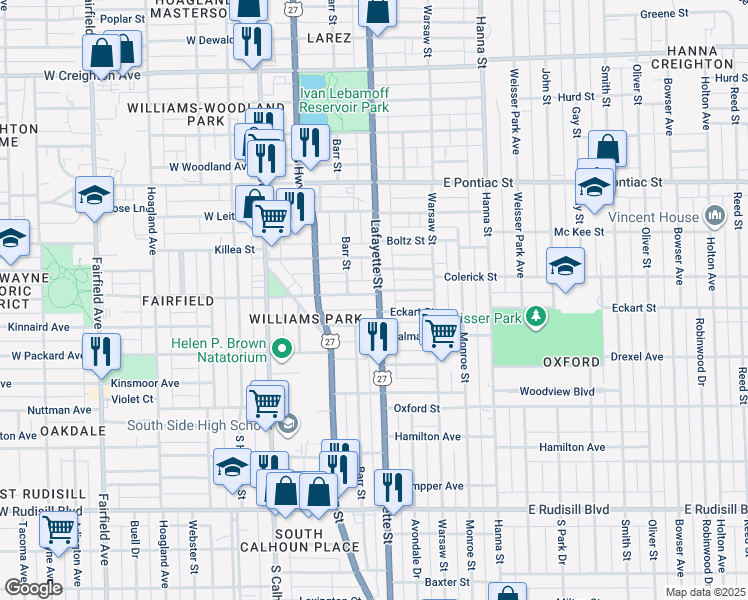 map of restaurants, bars, coffee shops, grocery stores, and more near 330 East Wildwood Avenue in Fort Wayne