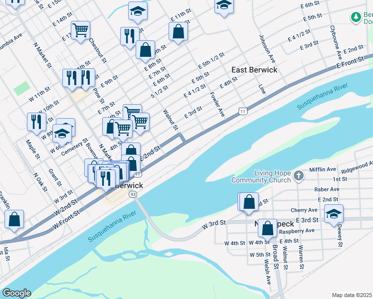 map of restaurants, bars, coffee shops, grocery stores, and more near 432 East Front Street in Berwick