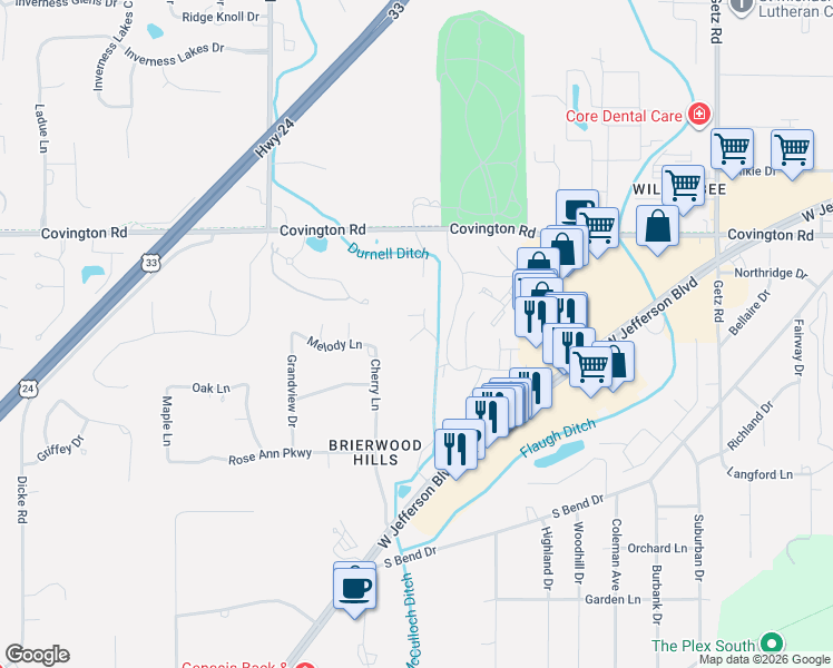 map of restaurants, bars, coffee shops, grocery stores, and more near Mallard Cove Terrace in Fort Wayne