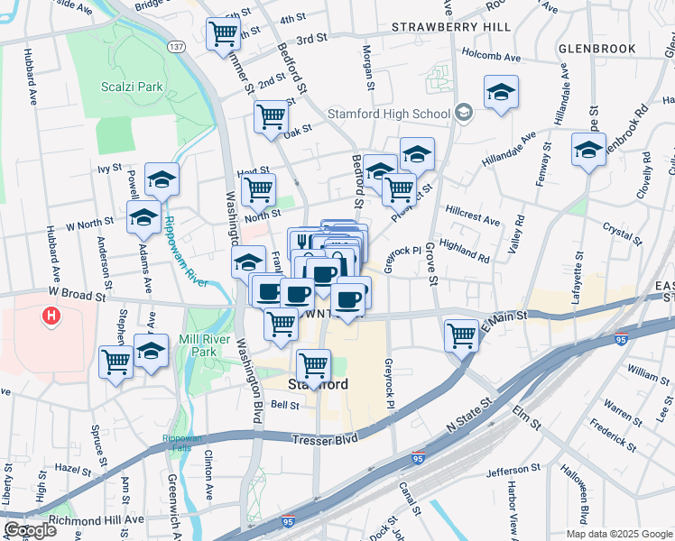 map of restaurants, bars, coffee shops, grocery stores, and more near 218 Bedford Street in Stamford