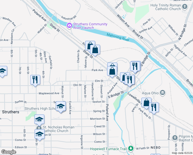 map of restaurants, bars, coffee shops, grocery stores, and more near 67 Elm St in Struthers