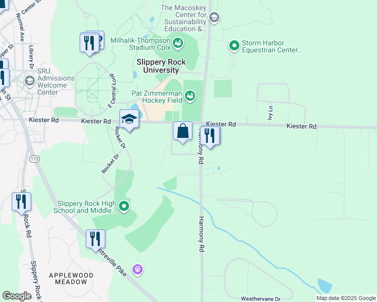 map of restaurants, bars, coffee shops, grocery stores, and more near 807 Cameron Drive in Slippery Rock