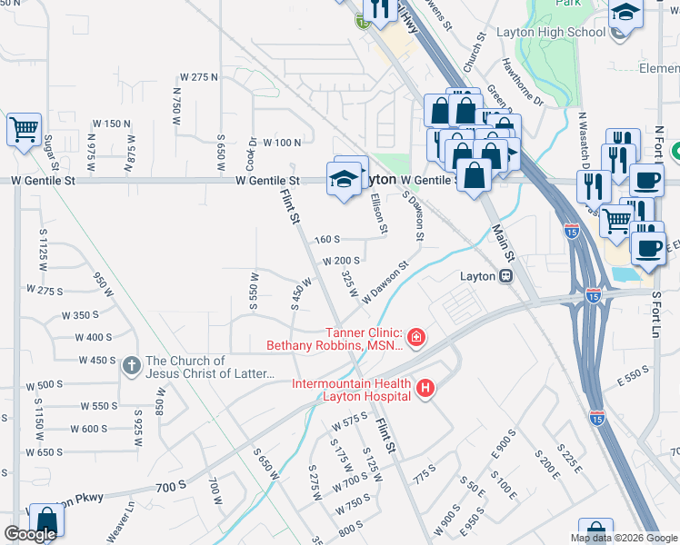 map of restaurants, bars, coffee shops, grocery stores, and more near 249 Melody Avenue in Layton