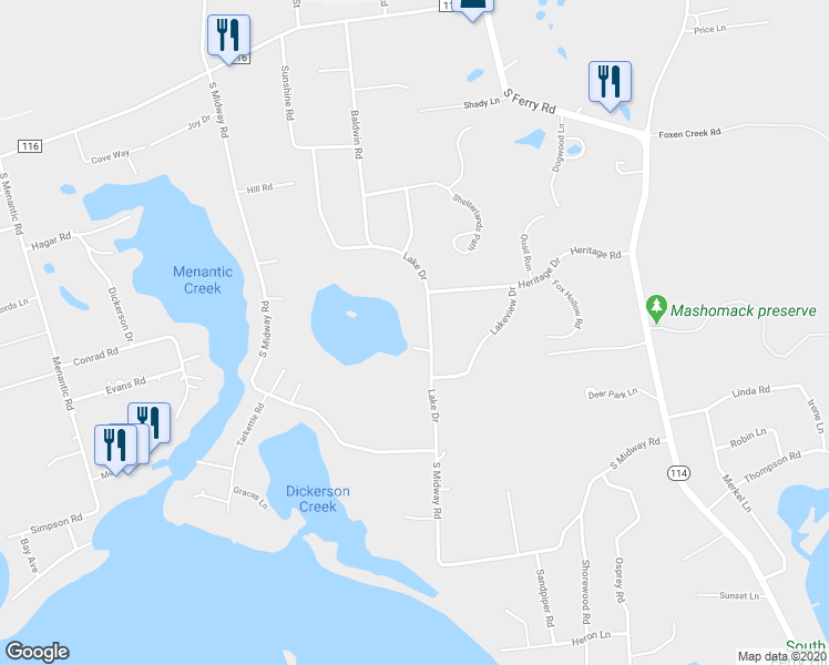 map of restaurants, bars, coffee shops, grocery stores, and more near 46 Lake Drive in Southold