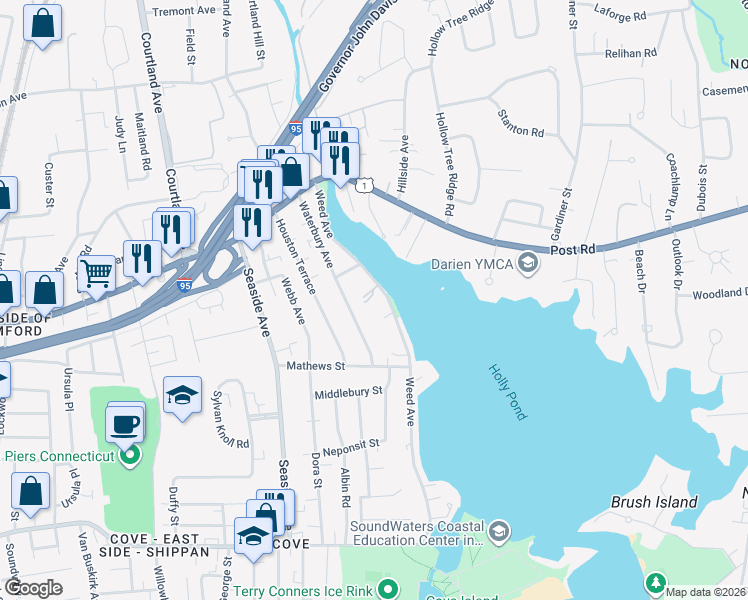 map of restaurants, bars, coffee shops, grocery stores, and more near 126 Waterbury Avenue in Stamford